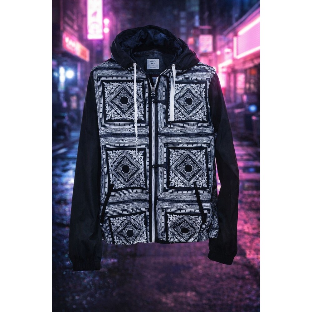 Y2K Aztec Zip Hoodie L Ninth Hall Windbreaker Jacket Black White Boho Grunge